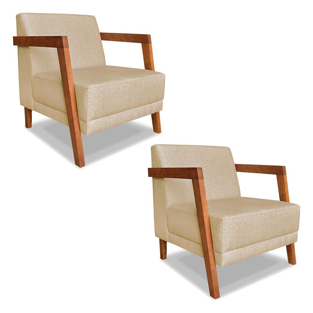 Kit 02 Poltronas Decorativa Natália Linho Base em Madeira Castanho - Pallazio