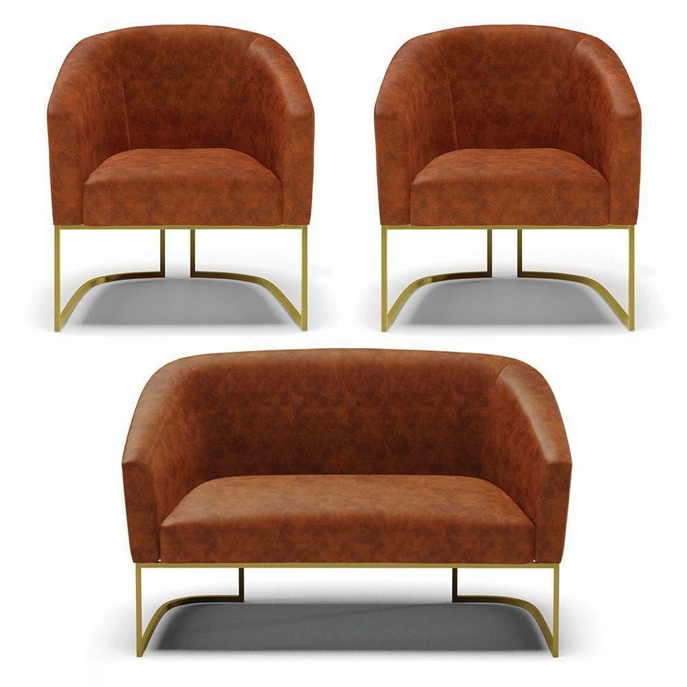 Sofá Namoradeira E 2 Poltronas Base Industrial Dourado Stella Corano D03 - D`rossi Cor Nozes