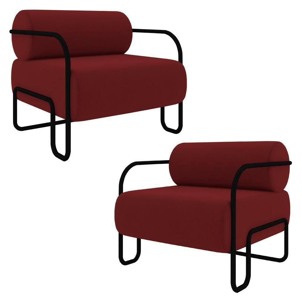 Poltrona Decorativa Para Sala Industrial Kit 2 Kira K04 Veludo Vermelho Mpozenato