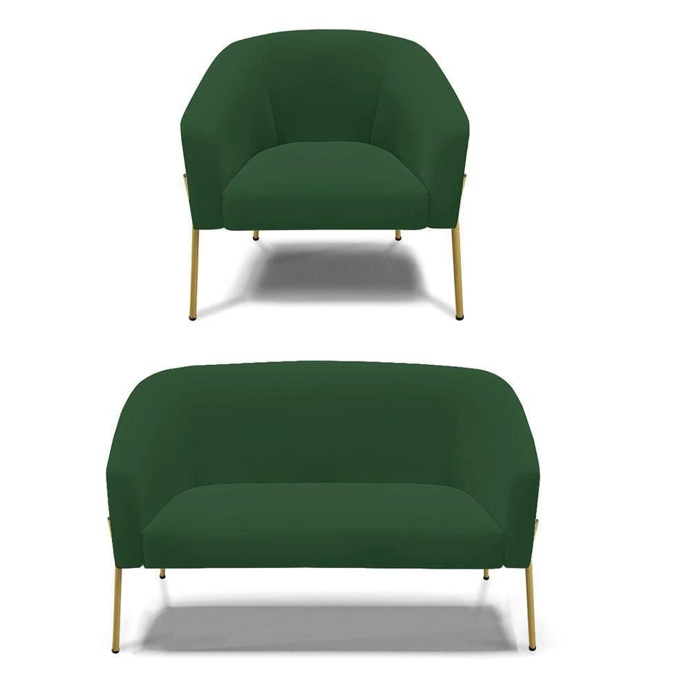 Sofá Namoradeira E Poltrona Pé De Ferro Dourado Stella Veludo Verde D03 - D`rossi