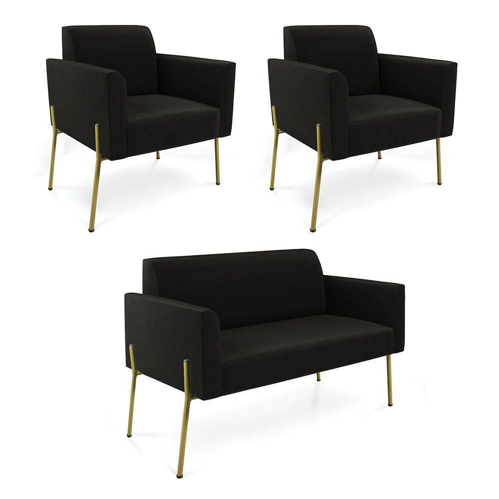 Sofá Namoradeira E 2 Poltronas Pé De Ferro Dourado Marisa Suede Preto D03