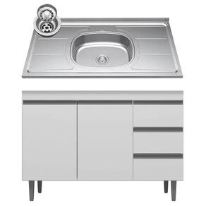 Balcão De Cozinha Com Pia Inox 100cm 3 Gavetas Andréia Branco