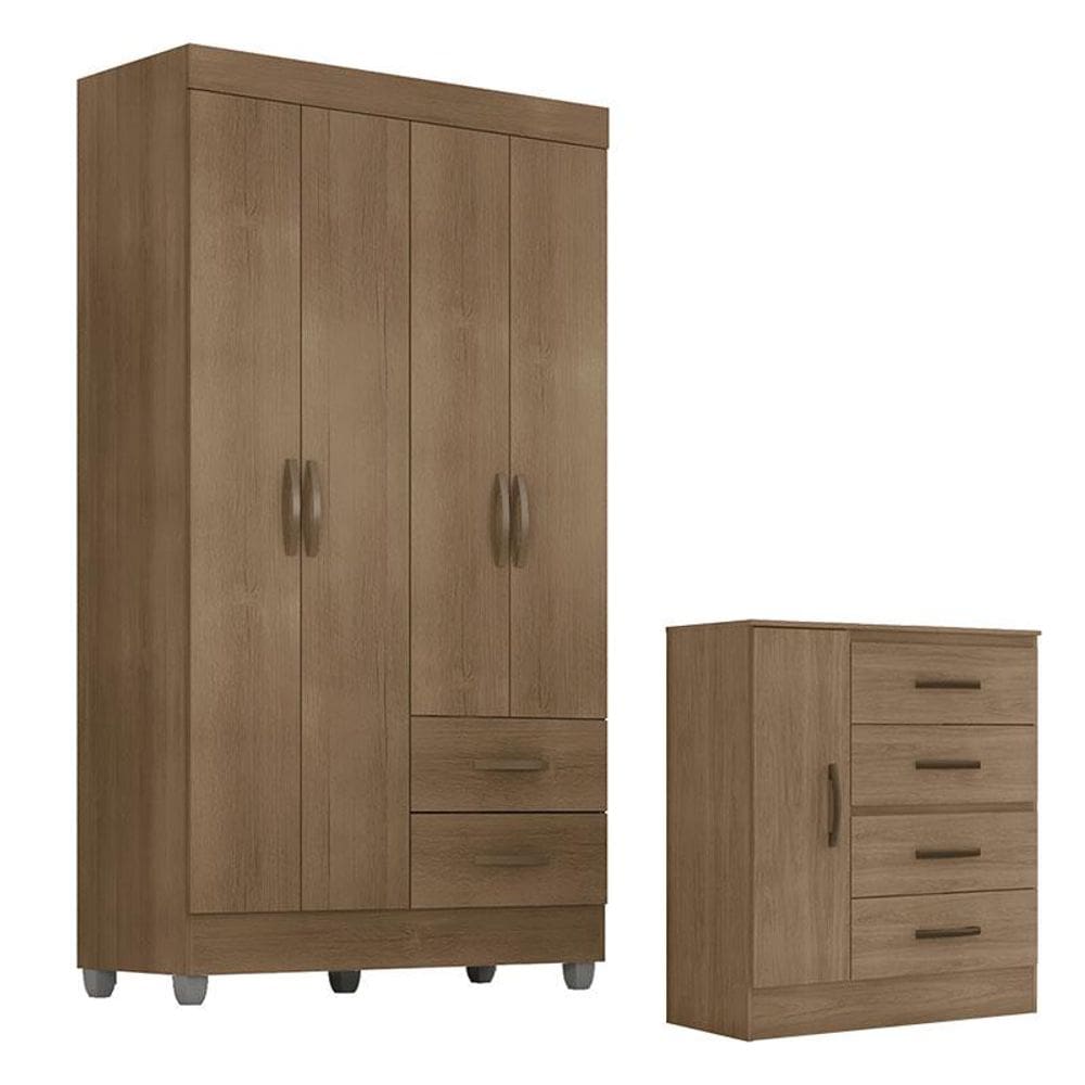 Guarda Roupa Solteiro 4 Portas e Cômoda 4 Gavetas e 1 Porta Lite Carvalho Oak – Móveis Leão