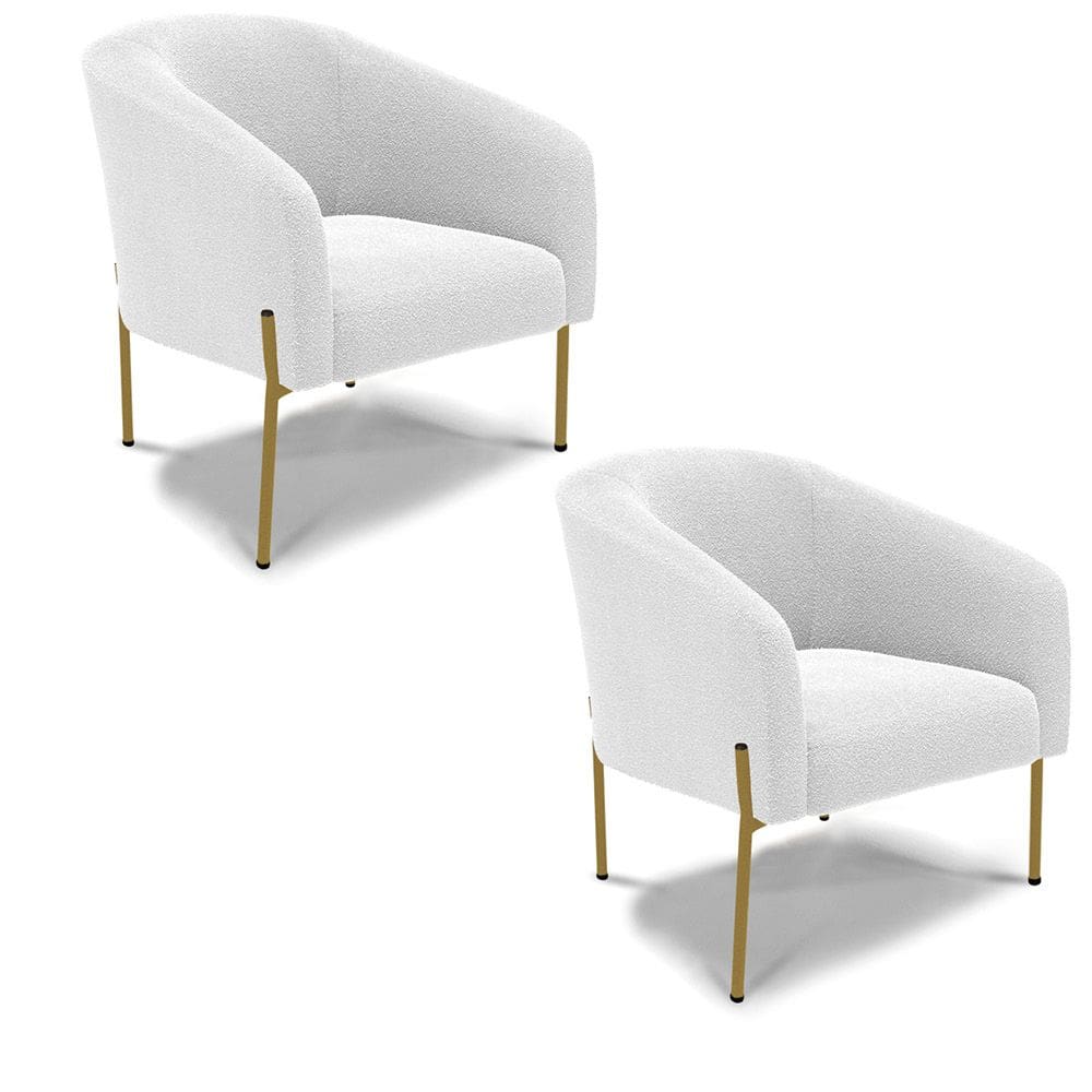 Poltrona Decorativa Pé Ferro Dourado Kit 2 Stella Bouclê Off White D03 - D`Rossi