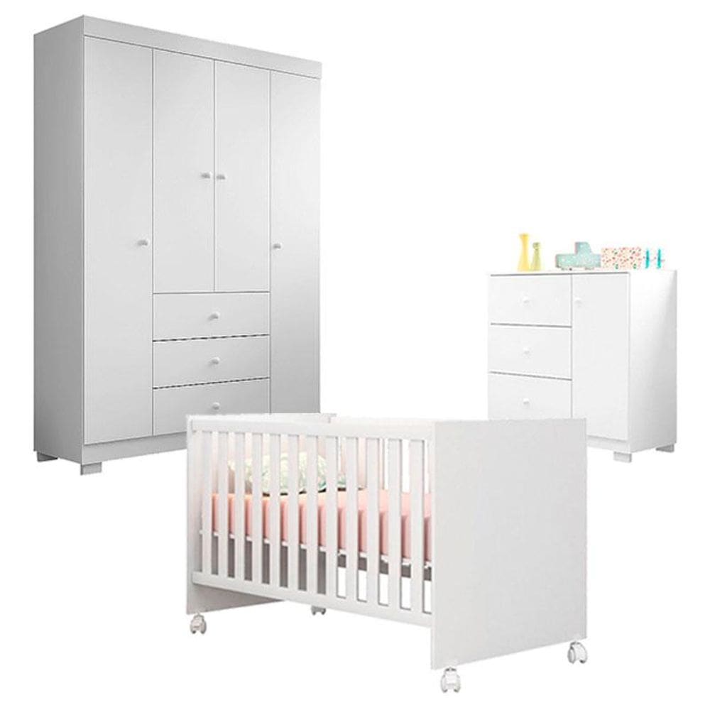 Quarto de Bebê Duda 4 Portas com Berço Americano Mini Cama Doce Sonho 100 Branco Brilho – Phoenix Baby