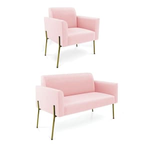 Sofá Namoradeira E Poltrona Pé De Ferro Dourado Marisa Suede Rosa Bebê D03