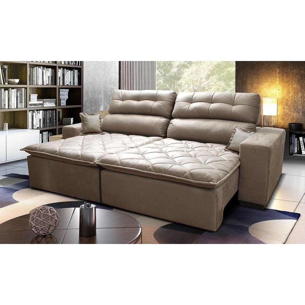 Sofá 2,12m Retrátil E Reclinável Com Molas Cama Inbox Confort Tecido Suede Velusoft Castor