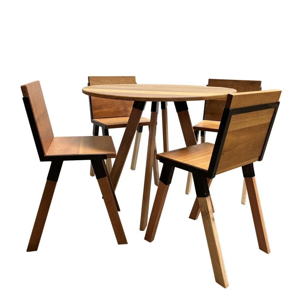 Kit De Mesa Eiffel Industrial 90 Cm Com 4 Cadeiras Detroit Madeira Maciça Natural E Ferro Preto Marrom