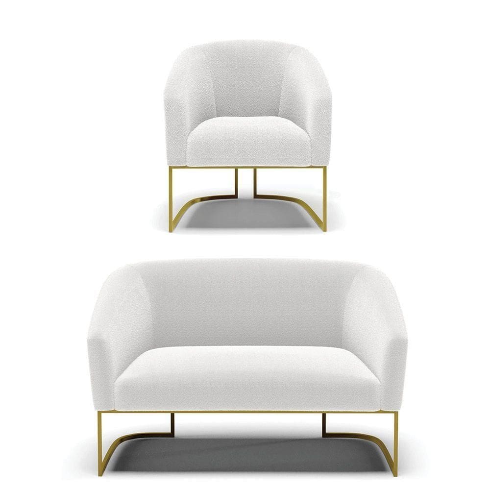 Sofá Namoradeira E Poltrona Base Industrial Dourado Stella Bouclê D03 - D`rossi Cor Off White