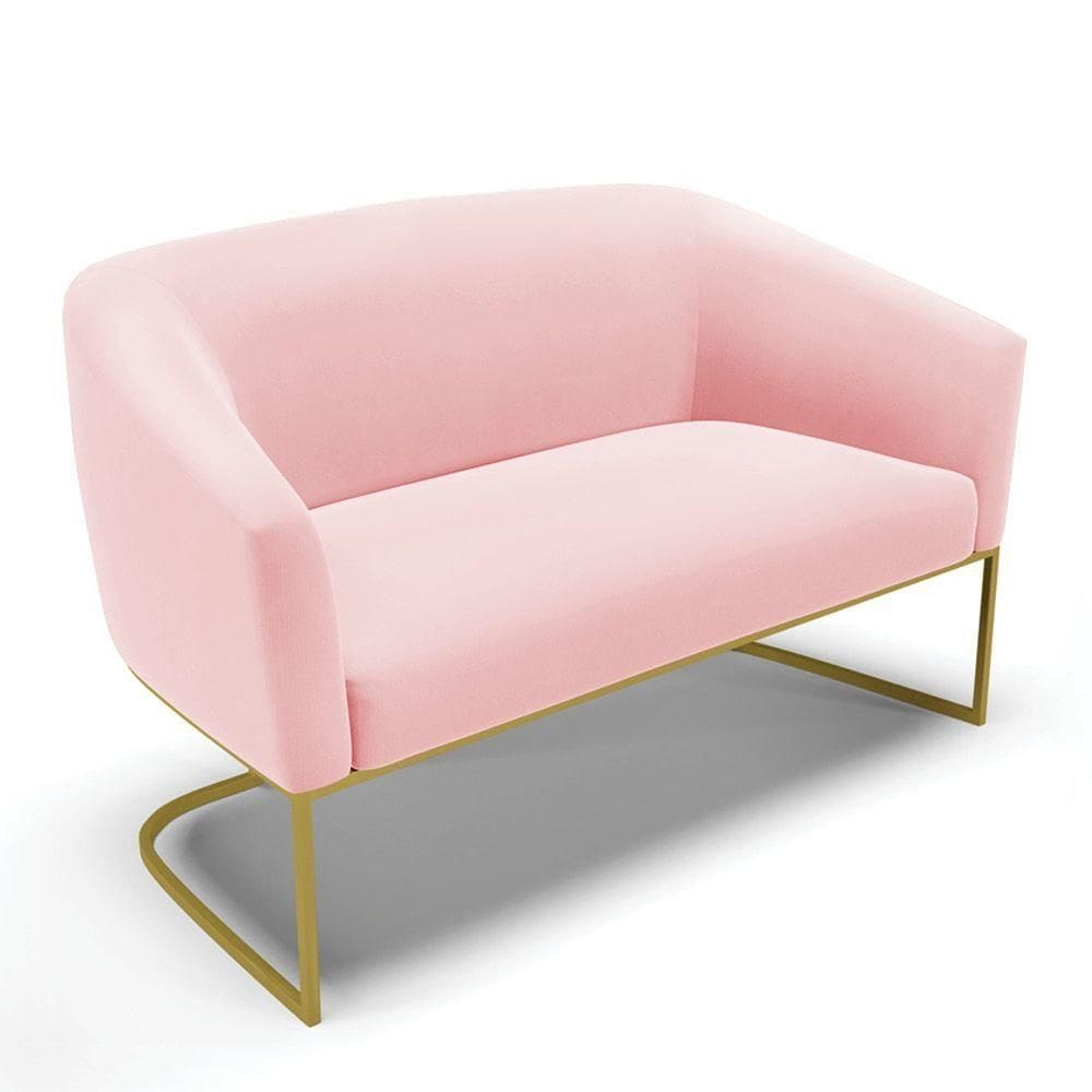 Sofá Namoradeira 2 Lugares Base Industrial Dourado Stella Suede D03 - D`rossi Cor Rosa Bebê