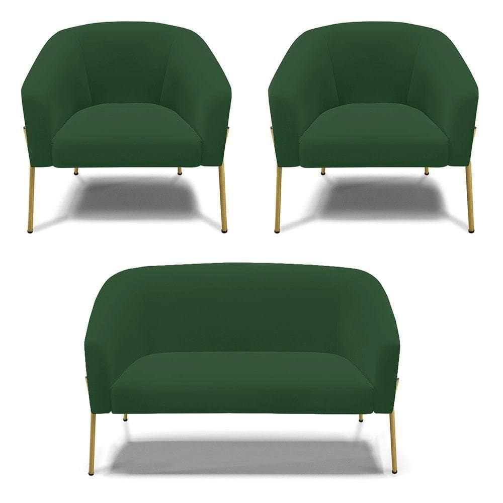 Sofá Namoradeira E 2 Poltronas Pé De Ferro Dourado Stella Veludo Verde D03 - D`rossi