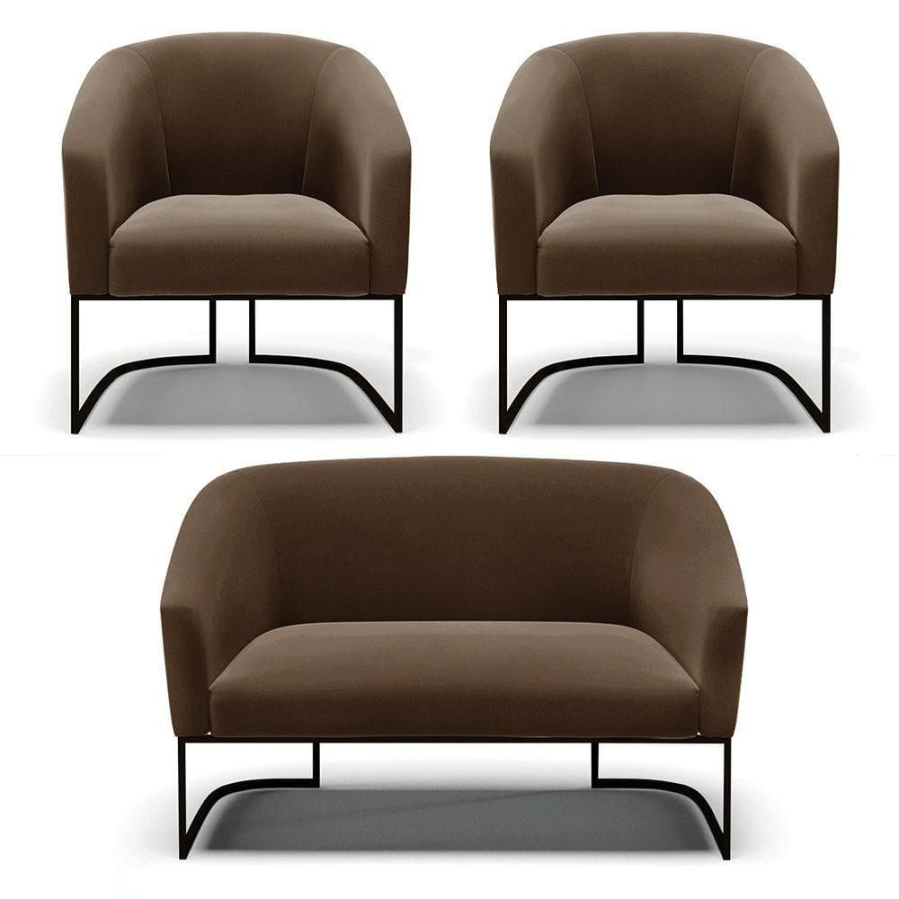 Sofá Namoradeira E 2 Poltronas Base Industrial Preto Stella Suede D03 - D`rossi Cor Marrom