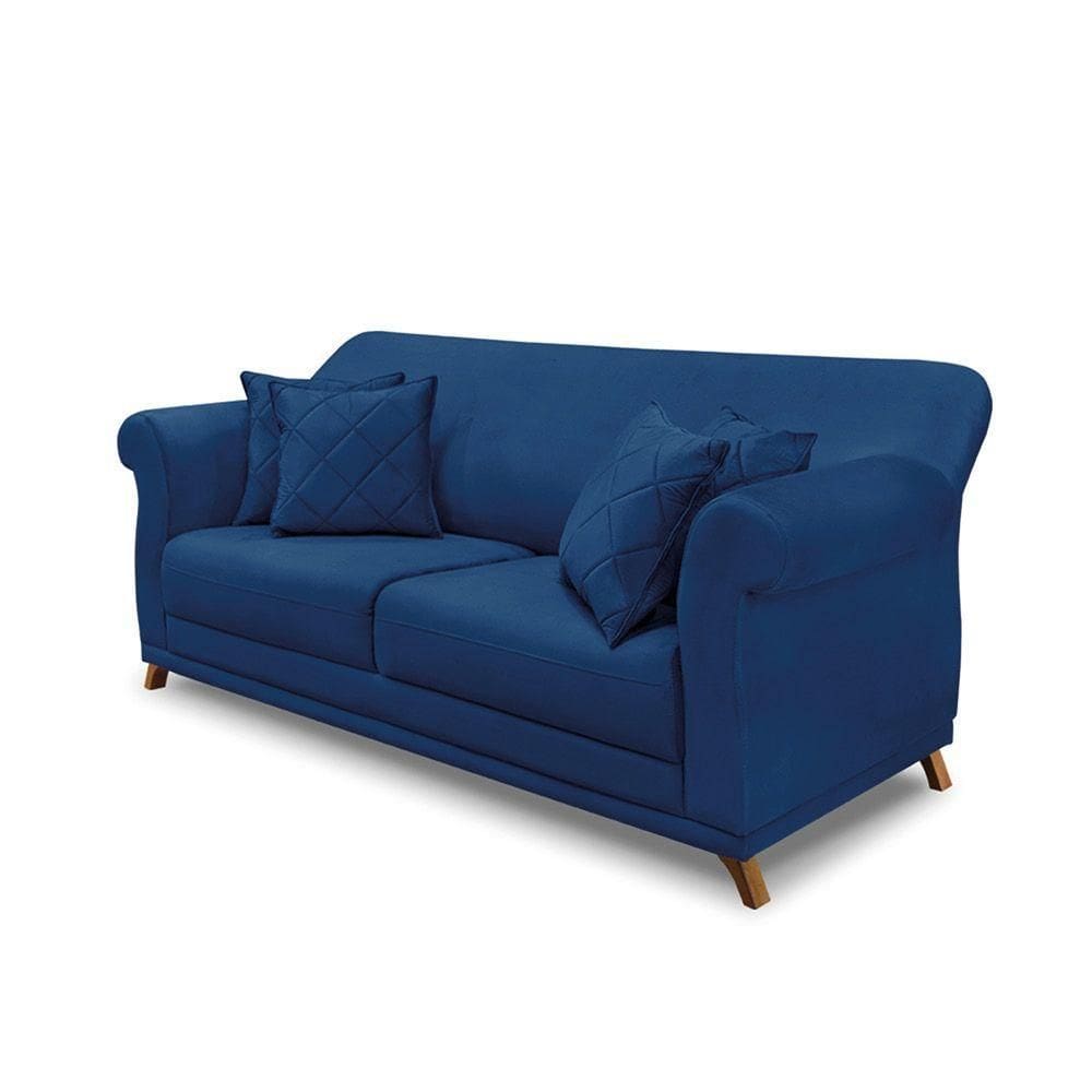 Sofá 3 Lugares Pé De Madeira Julieta 220 Cm Suede Azul Marinho S04 - D`rossi