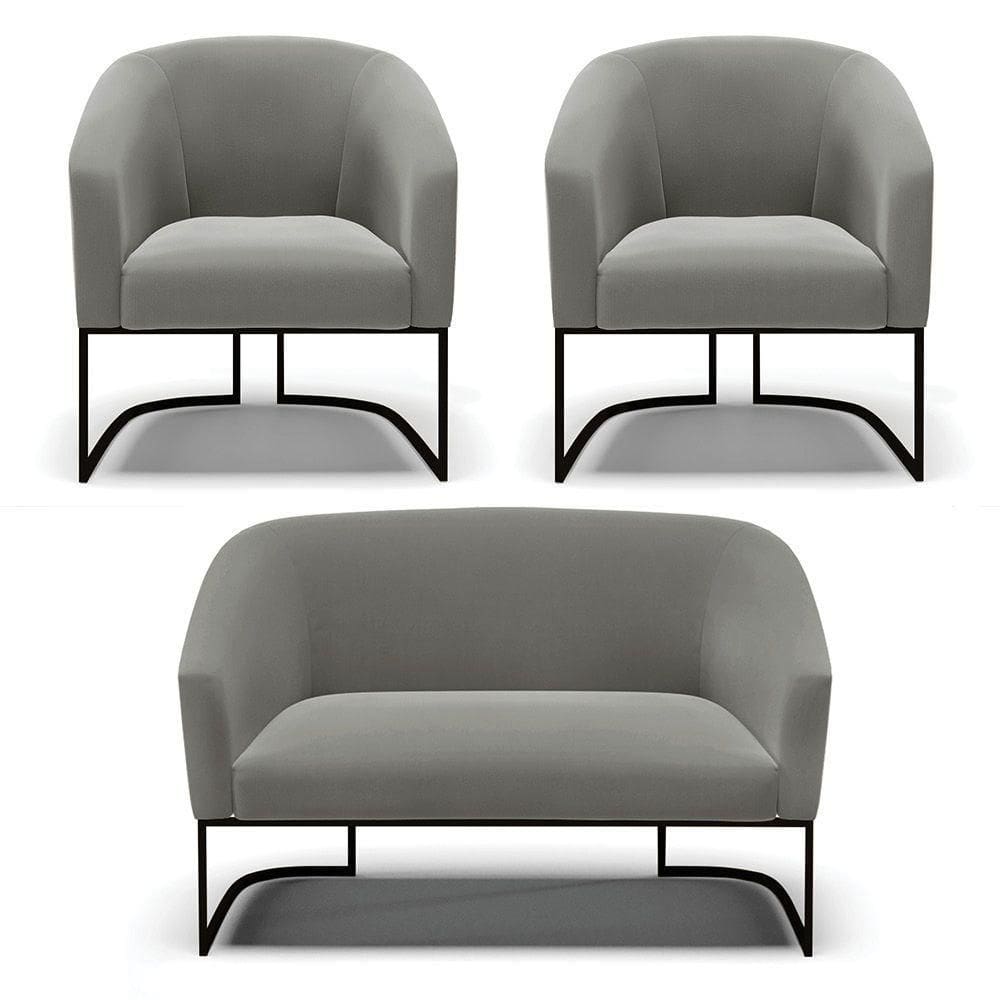 Sofá Namoradeira E 2 Poltronas Base Industrial Preto Stella Suede Grafite D03 - D`rossi