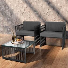 Conjunto De 2 Poltronas E Mesa De Centro Quadrada Com Tampo Preto-cinza
