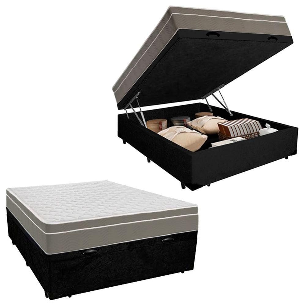 Cama Box Baú Casal Suede + Colchão Sereneprime Molas Ensacadas 138x188x69 Preto