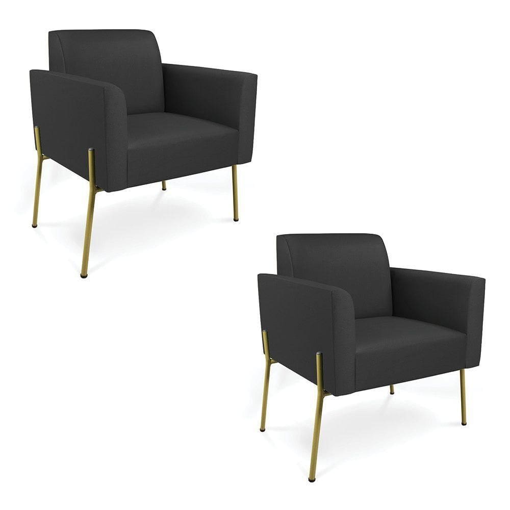 Poltrona Pé De Ferro Dourado Kit 2 Para Sala Marisa Corino D03 Preto