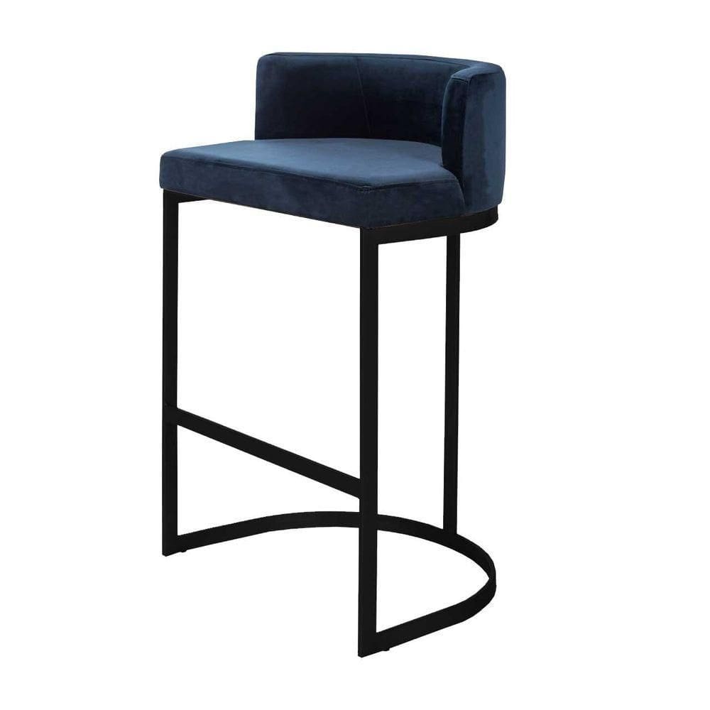 Banqueta Alta Estofada Estrutura Aço Carbono Belly Ii Base Preto 75cm Suede Azul