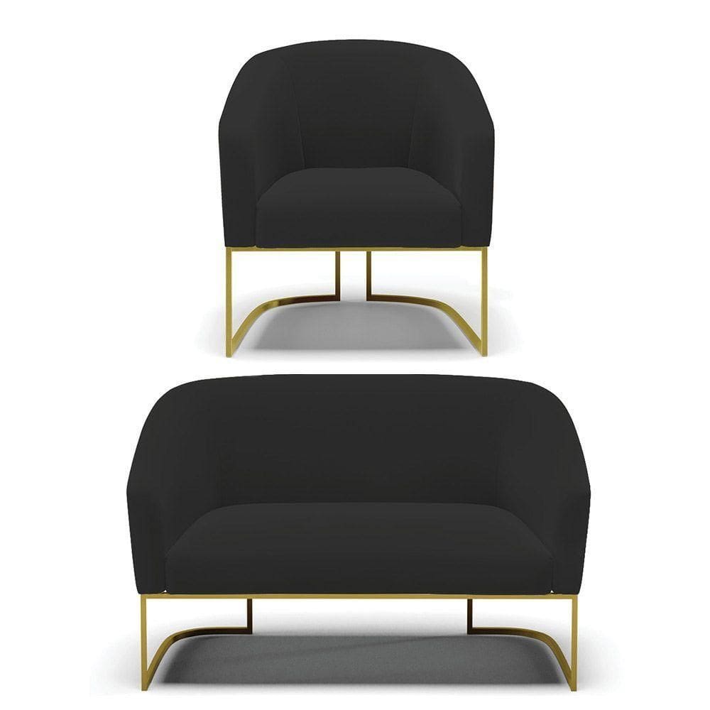 Sofá Namoradeira E Poltrona Base Industrial Dourado Stella Veludo D03 - D`rossi Cor Preto