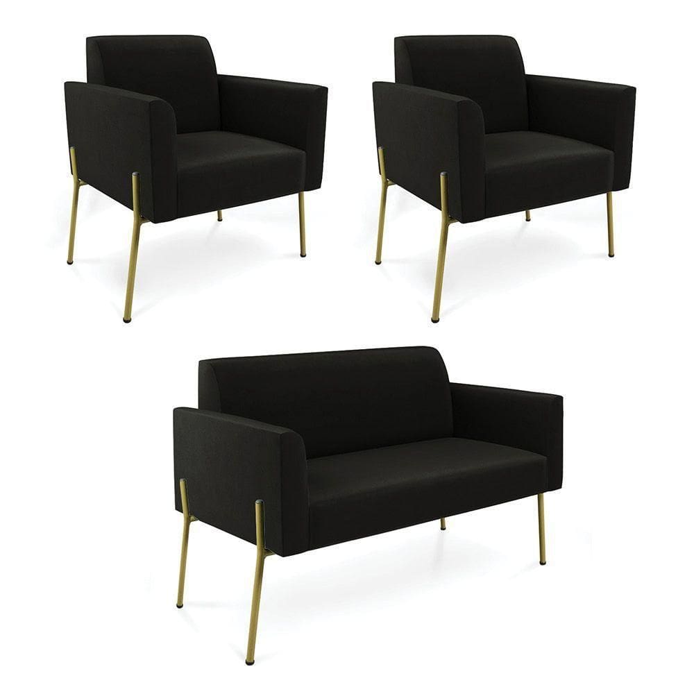 Sofá Namoradeira E 2 Poltronas Pé De Ferro Dourado Marisa Suede D03 Preto