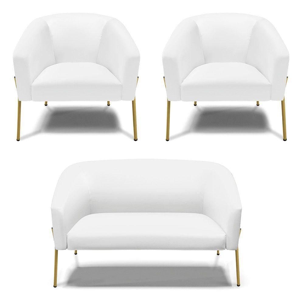 Sofá Namoradeira E 2 Poltronas Pé De Ferro Dourado Stella Corino D03 - D`rossi Cor Branco