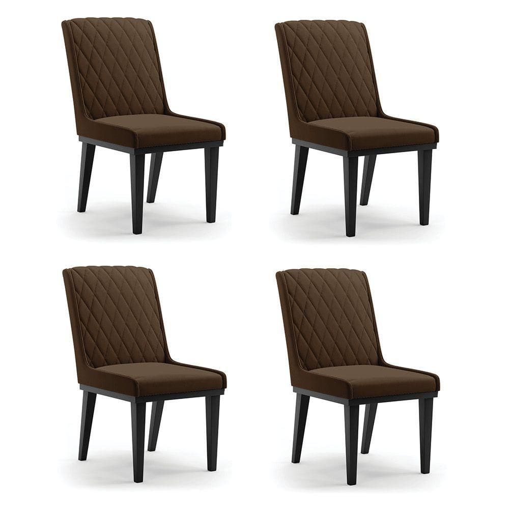 Cadeira Sala De Jantar Base Madeira Preto Kit 4 Sofia Suede D03 - D`rossi Cor Marrom