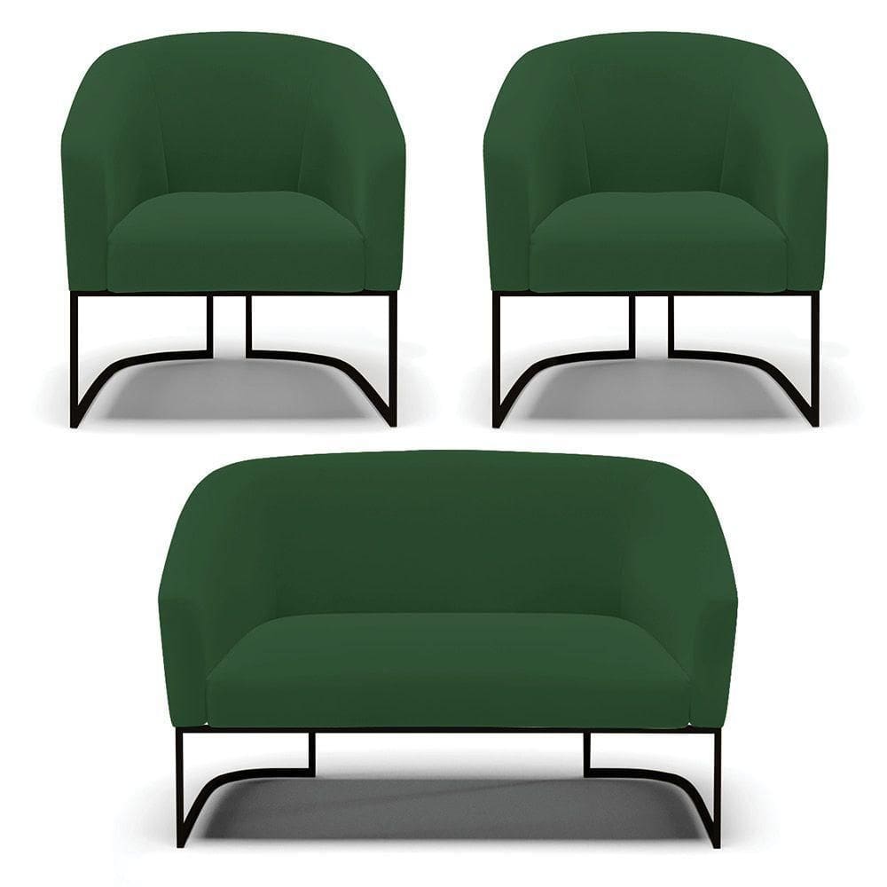 Sofá Namoradeira E 2 Poltronas Base Industrial Preto Stella Veludo Verde D03 - D`rossi