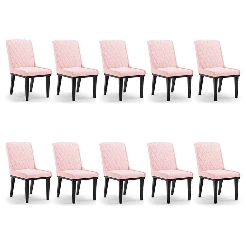 Cadeira Sala De Jantar Base Madeira Preto Kit 10 Sofia Suede D03 - D`rossi Cor Rosa Bebê