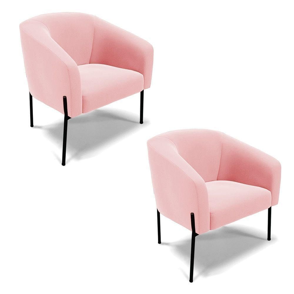 Poltrona Pé De Ferro Preto Kit 2 Stella Suede Rosa Bebê D03 - D`rossi