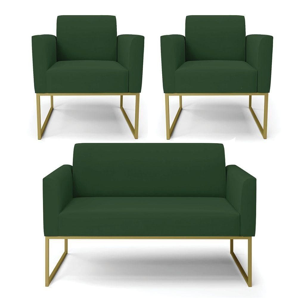 Sofá Namoradeira Com 2 Poltronas Base Industrial Dourado Marisa Veludo Verde D03 - D`rossi