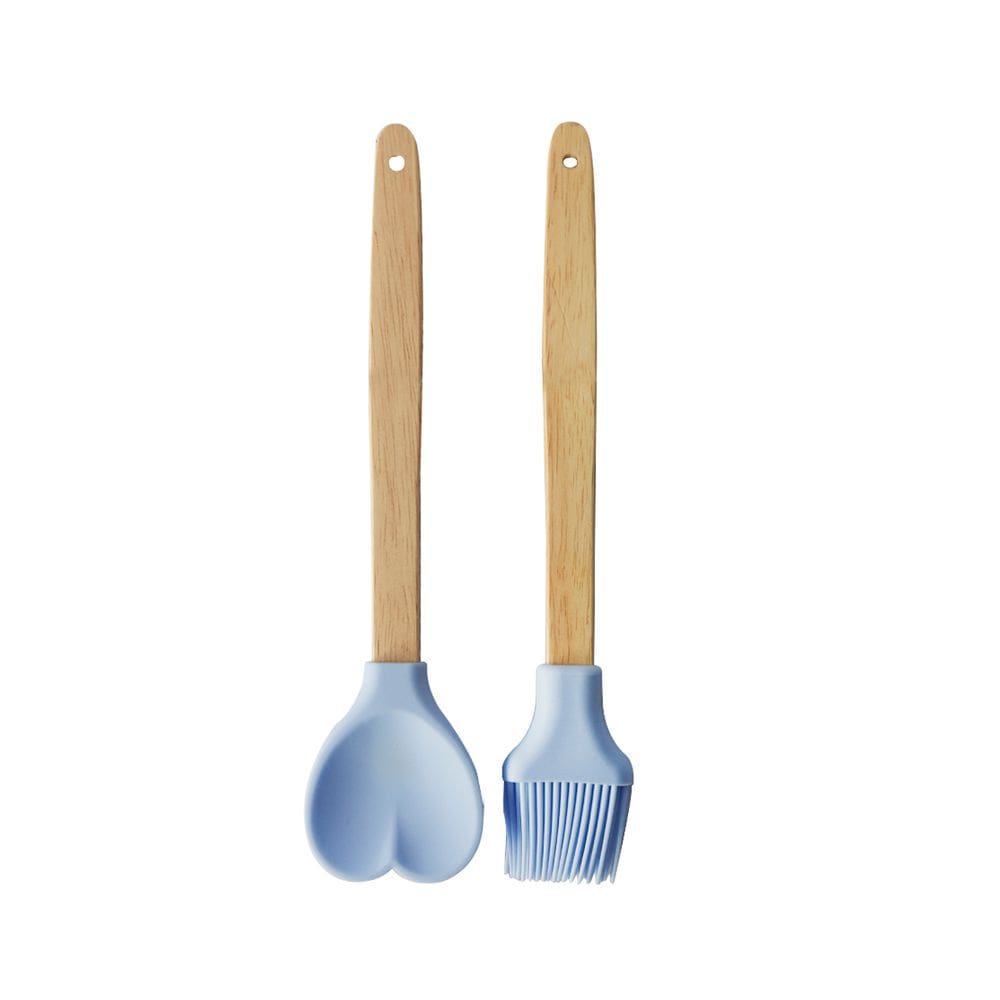Kit Pincel E Colher Coração De Silicone Com Cabo De Bambu Com 2 Peças