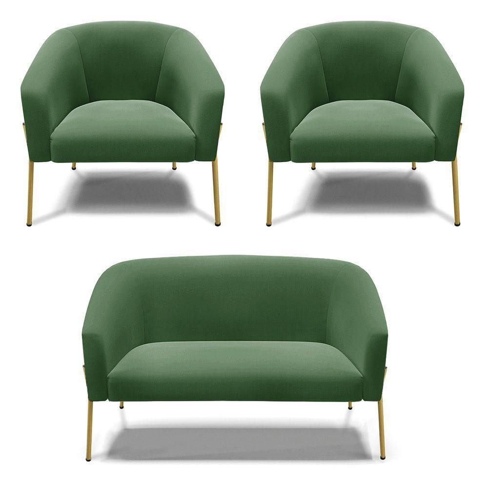 Sofá Namoradeira E 2 Poltronas Pé De Ferro Dourado Stella Suede Verde D03 - D`rossi