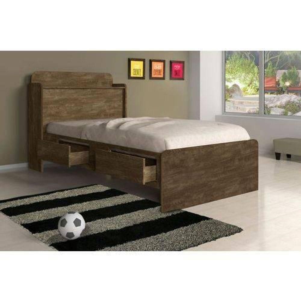 Cama Solteiro Tamires Com Bau Castanho Wood - Cambel Móveis