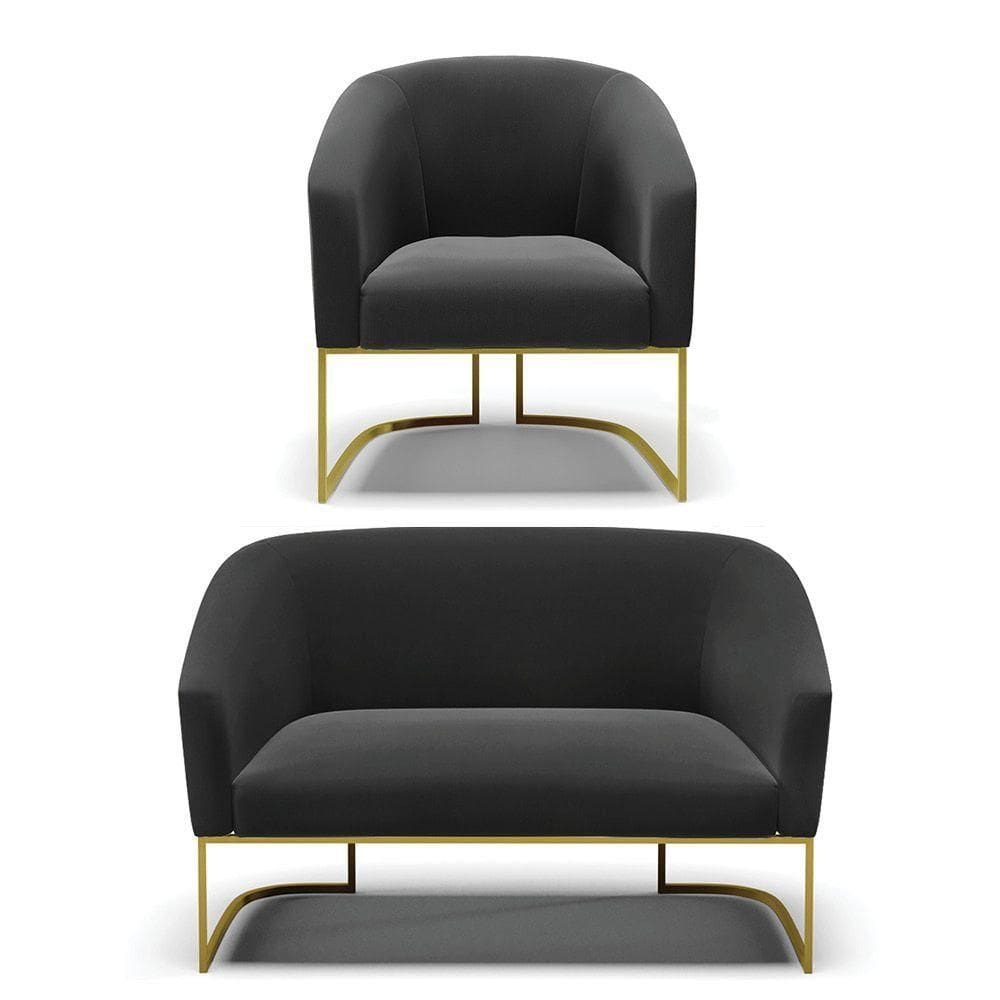 Namoradeira E Poltrona Base Industrial Dourado Stella Suede D03 - D`rossi Cor Preto