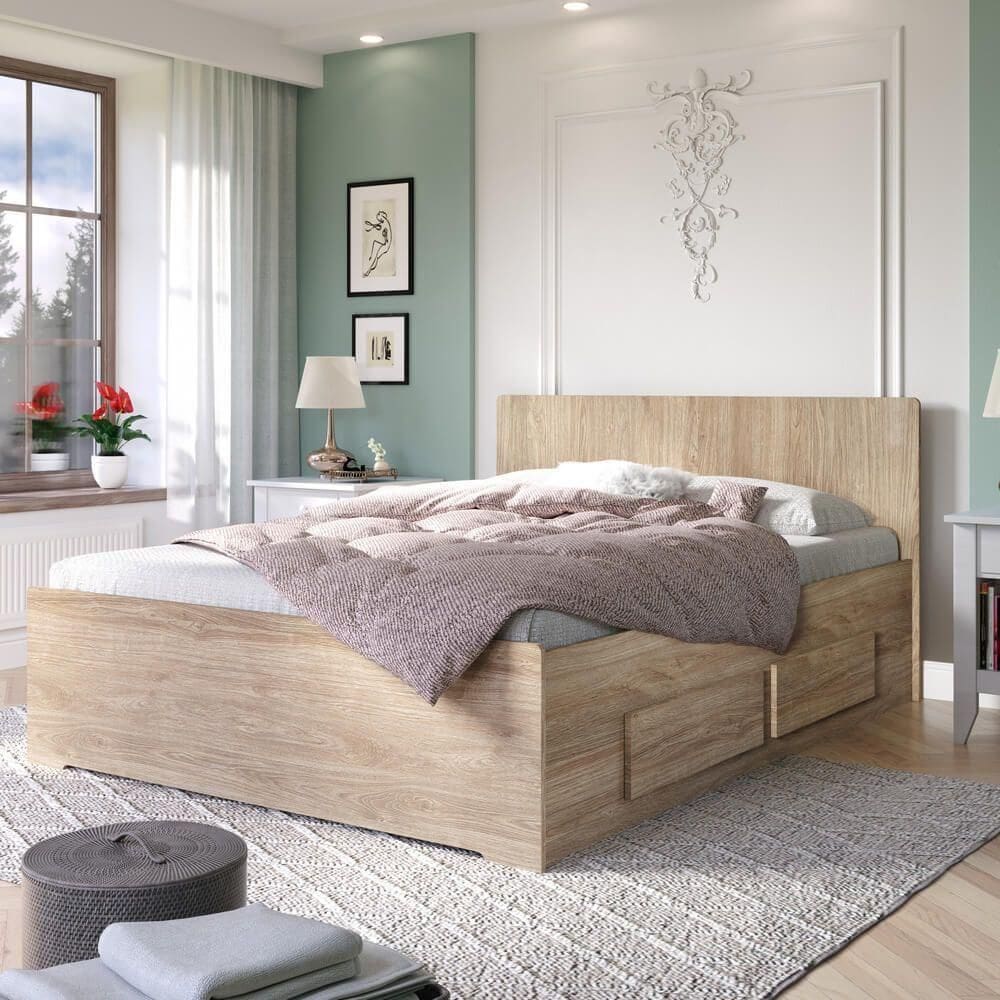 Cama Reta De Casal Com 4 Gavetas Ilan 1254 Castanho