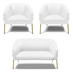 Sofá Namoradeira E 2 Poltronas Pé De Ferro Dourado Stella Corino Branco D03 - D`rossi