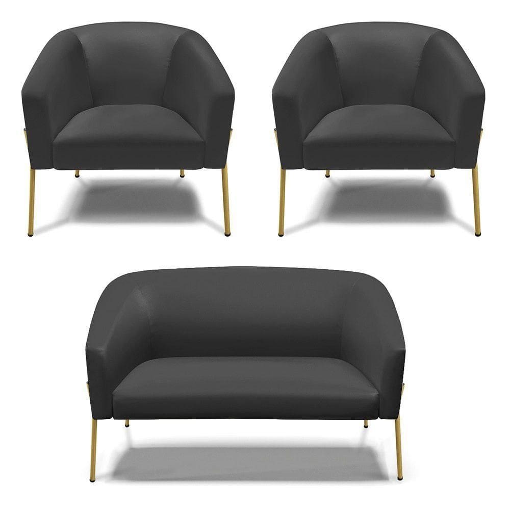 Sofá Namoradeira E 2 Poltronas Pé De Ferro Dourado Stella Corino D03 - D`rossi Cor Preto