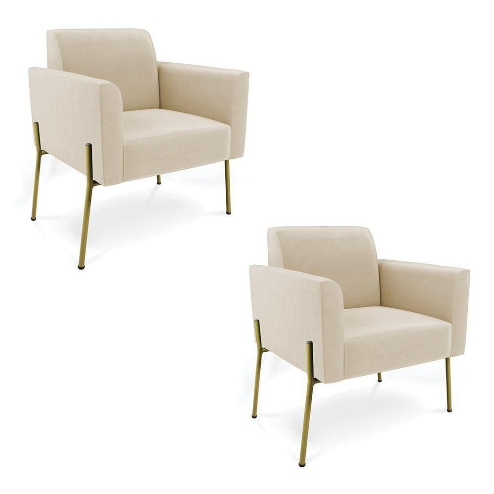Poltrona Pé De Ferro Dourado Decorativa Kit 2 Marisa Suede Bege D03 - D`rossi