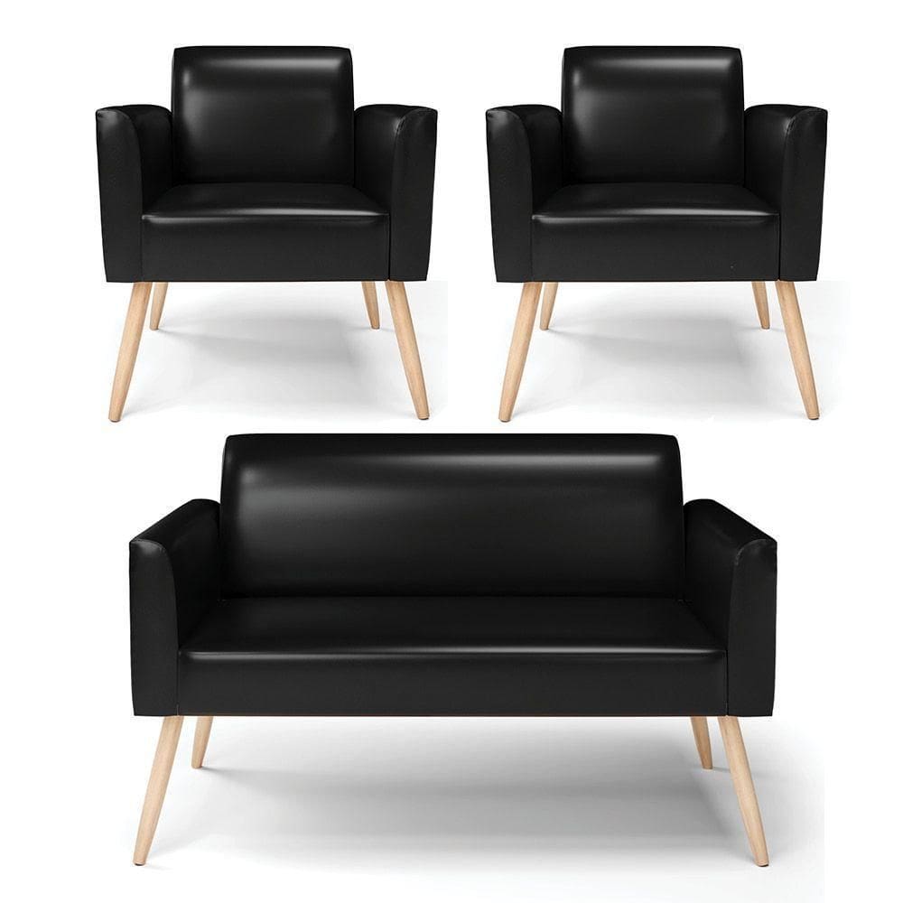 Sofá Namoradeira Com 2 Poltronas Pés Palito Natural Marisa Corano Preto D03 - D`rossi