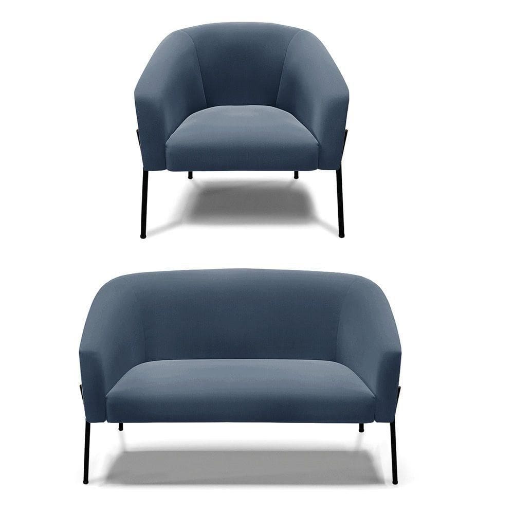 Sofá Namoradeira E Poltrona Pé De Ferro Preto Stella Suede Azul Marinho D03 - D`rossi