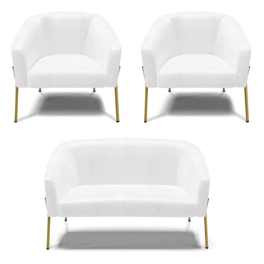 Sofá Namoradeira E 2 Poltronas Pé De Ferro Dourado Stella Corano D03 - D`rossi Cor Branco