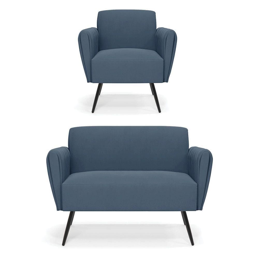 Sofá Namoradeira Com Poltrona Pés Palito De Ferro Bruna Suede Azul Marinho - D`rossi
