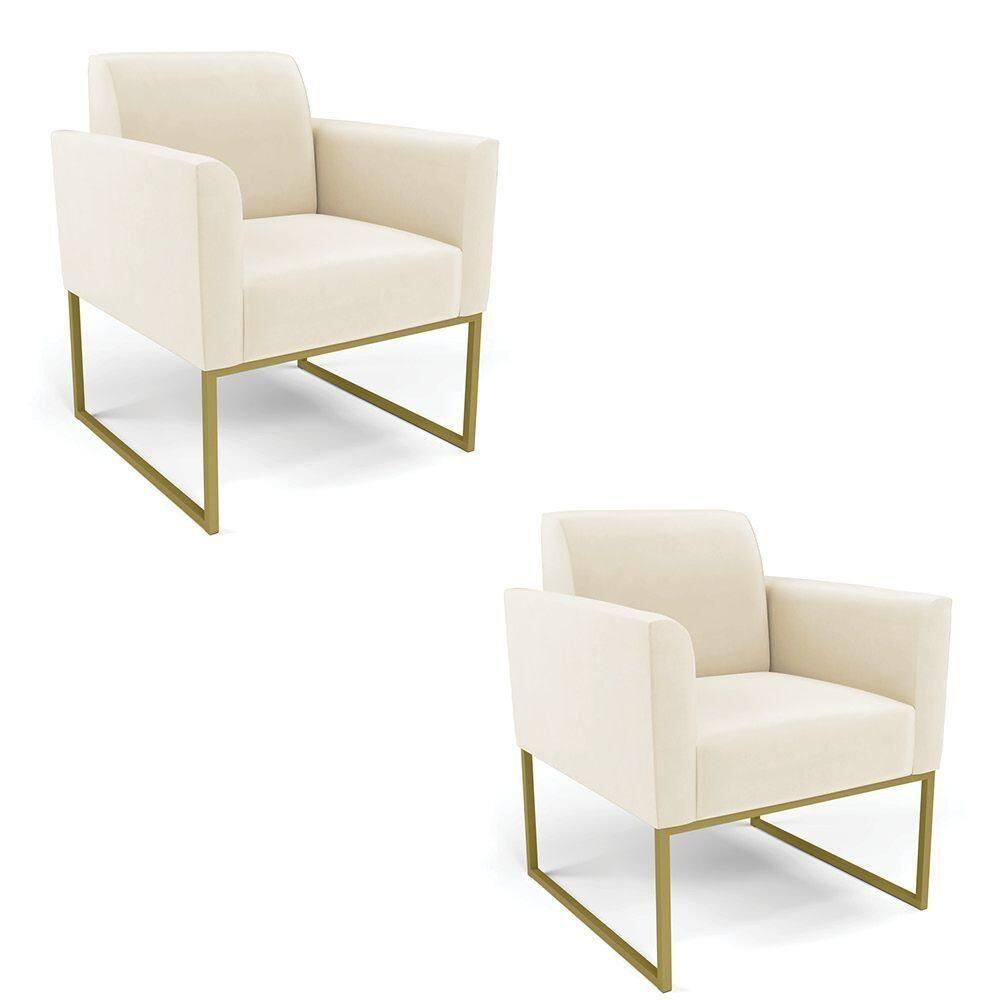 Kit 2 Poltronas Base Industrial Dourado Marisa Veludo Bege D03 - D`rossi