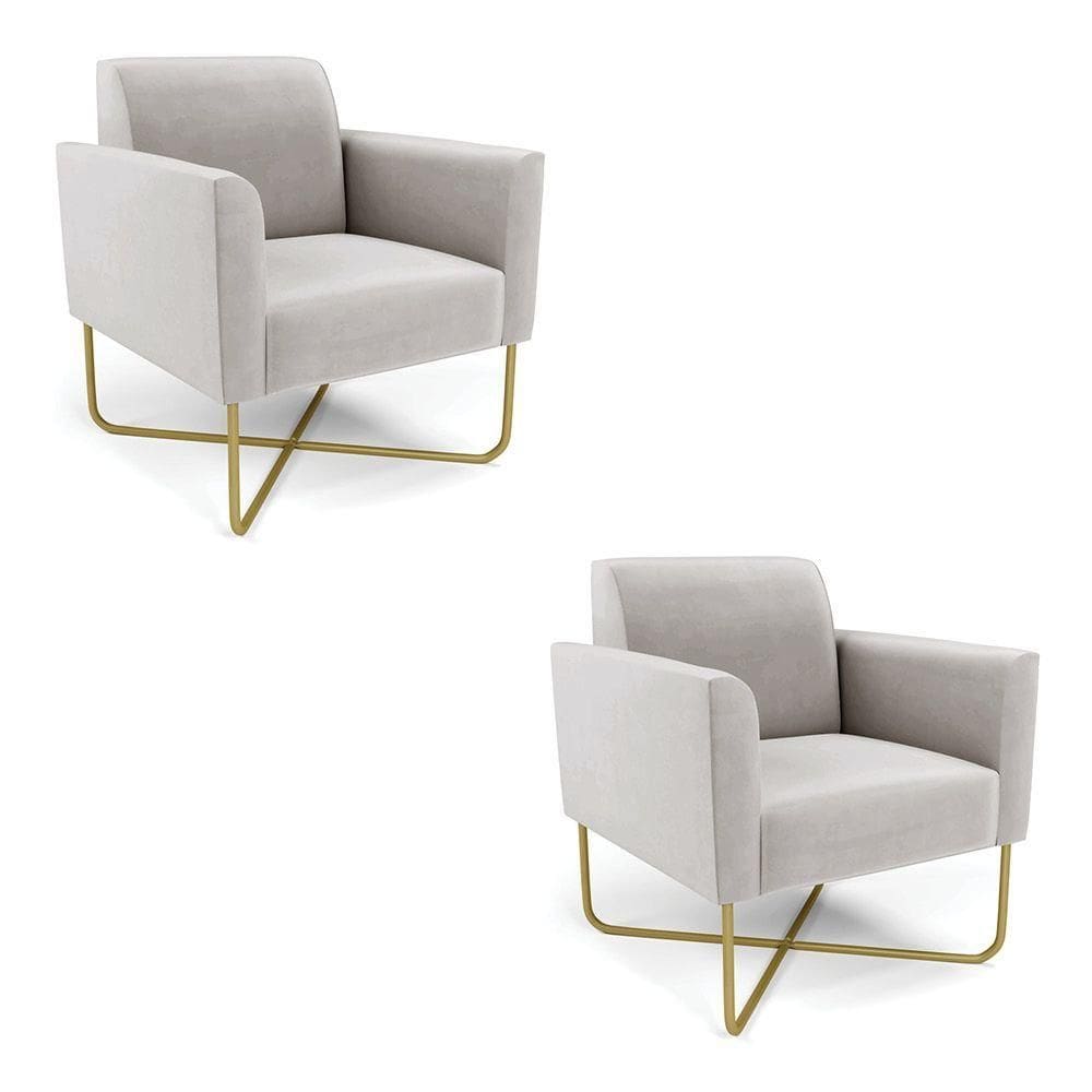 Kit 2 Poltronas Base X Industrial Dourado Marisa Veludo Cinza D03 - D\`rossi
