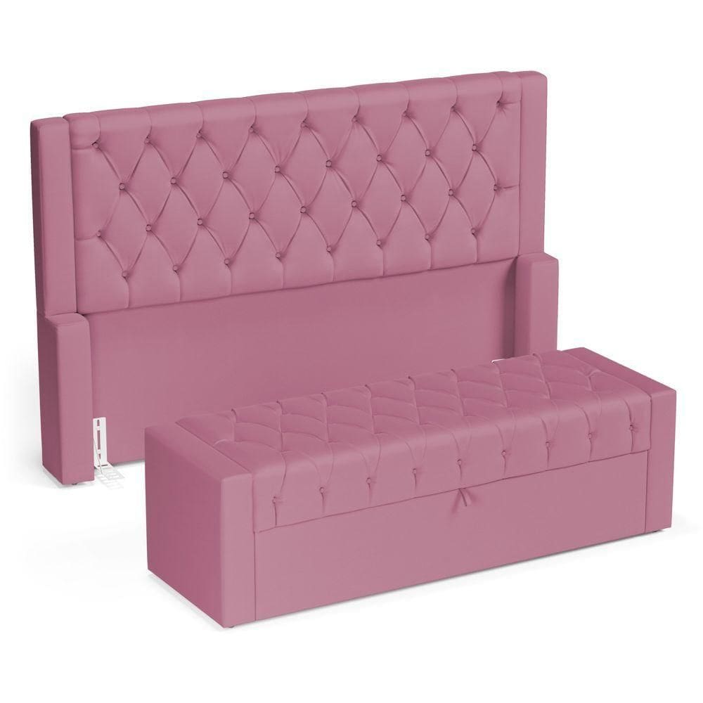 Cabeceira E Calçadeira Báu Queen Size Atena 160cm Capitonê Suede Rosa - Desk Design