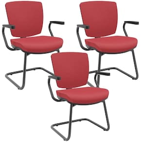 Kit 3 Cadeiras De Escritório Fixa Executiva Office Preto Slim Baixa Flexi P03 Vinil Vermelho-Lyam