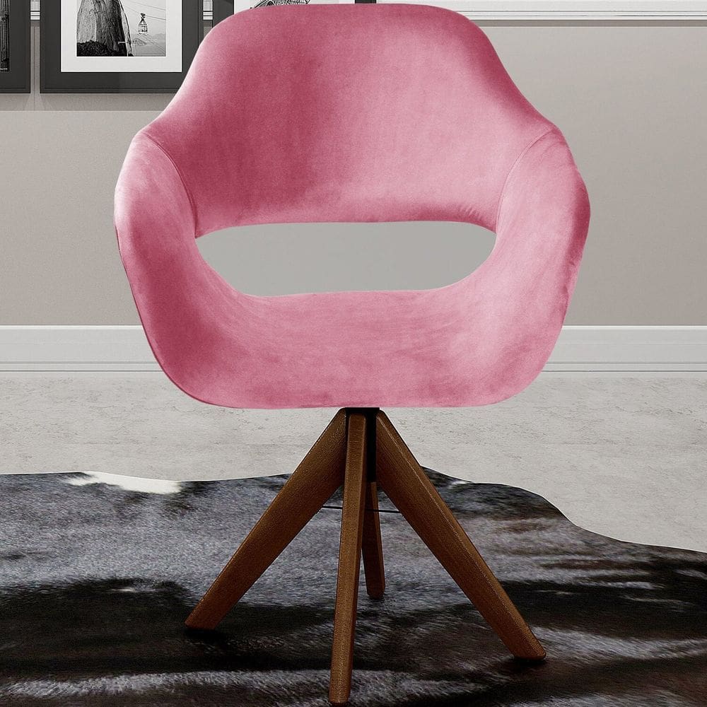 Poltrona Decorativa Zara Pé Giratório de Madeira Sala Recepção Rosa