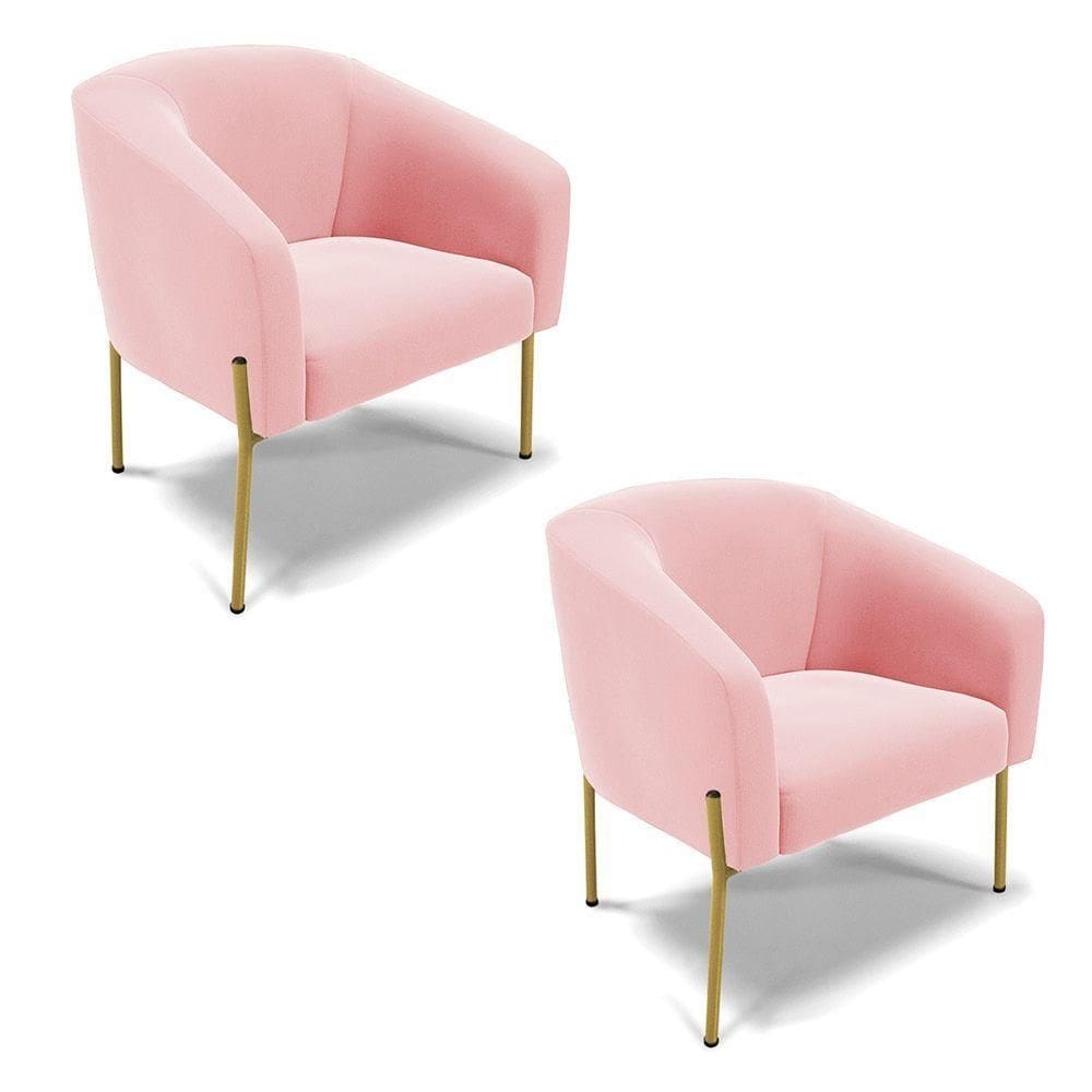 Poltrona Pé De Ferro Dourado Kit 2 Stella Suede Rosa Bebê D03 - D`rossi