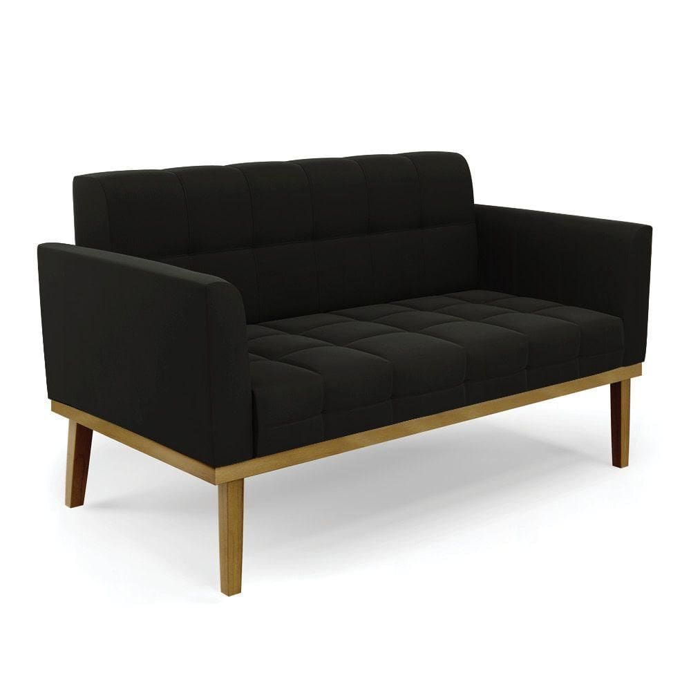 Sofá Namoradeira 2 Lugares Base De Madeira Castanho Elisa Suede Preto D03 - Drossi
