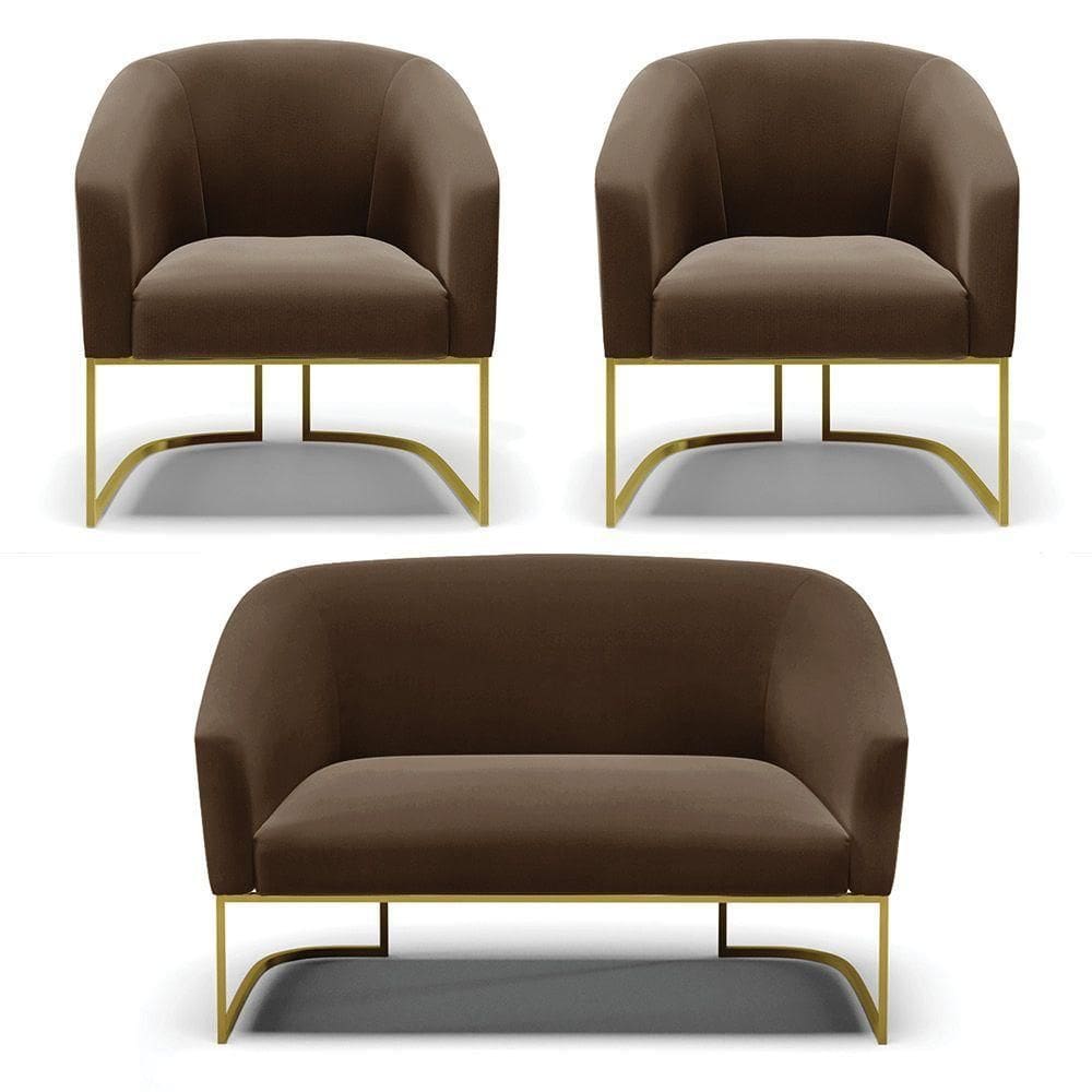 Namoradeira E 2 Poltronas Base Industrial Dourado Stella Suede Marrom D03 - D`rossi